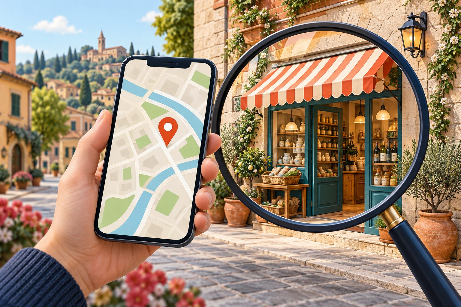 Smartphone con mappa e segnaposto davanti a un negozio italiano osservato con una lente.