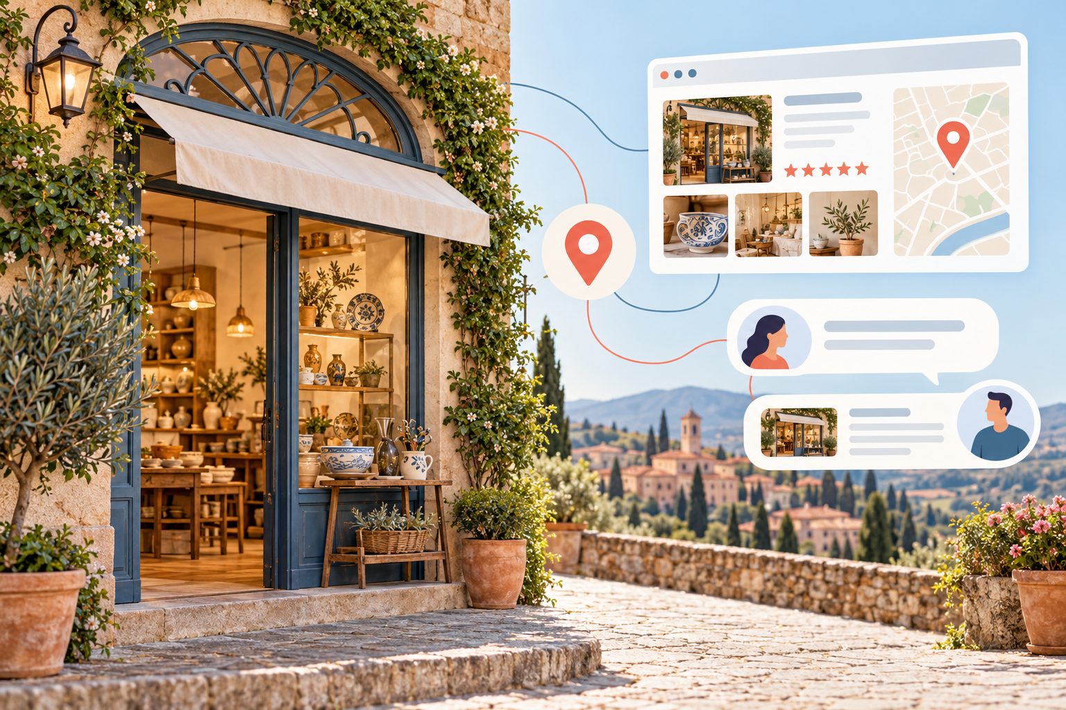 Bottega italiana collegata a una pagina web, una mappa e risposte conversazionali.