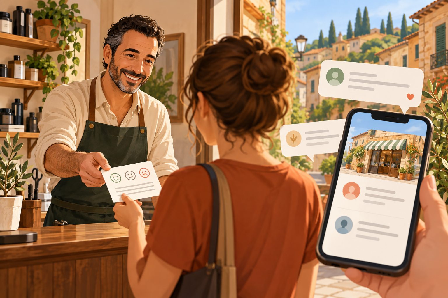 Titolare di un negozio propone a una cliente un riscontro libero sulla propria esperienza.