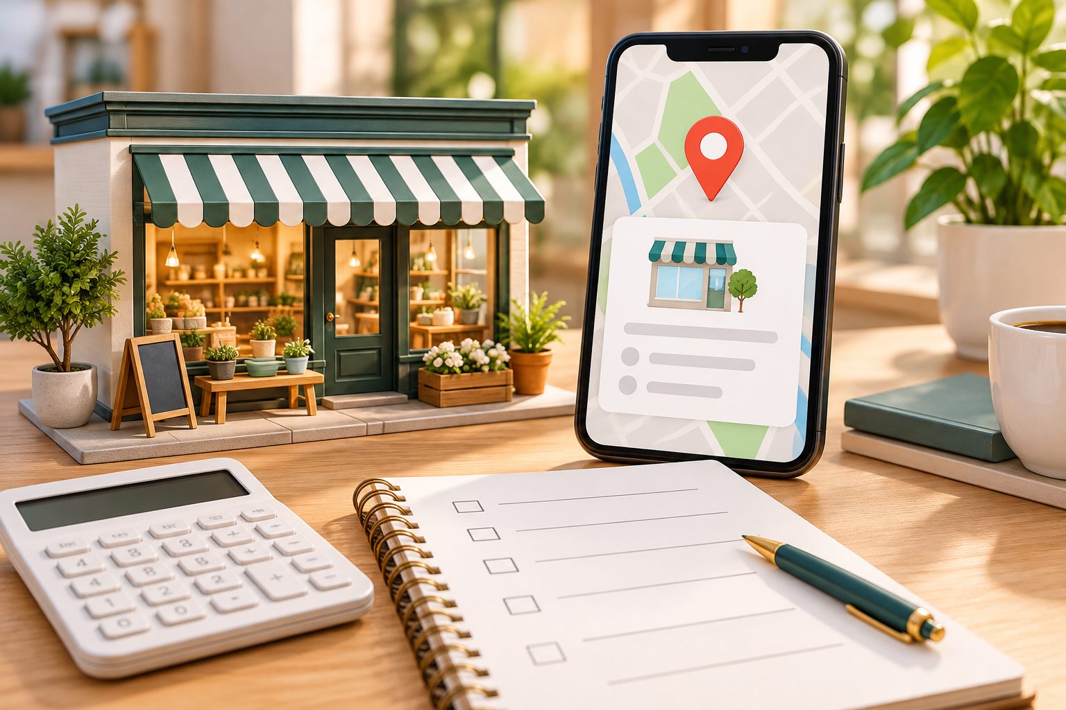 Negozio, profilo locale sullo smartphone e calcolatrice per valutare i servizi di gestione.