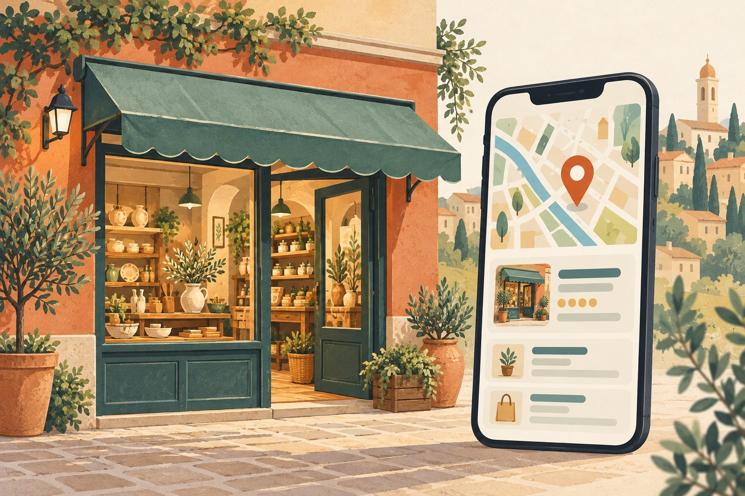Illustrazione di un negozio locale e di uno smartphone con mappa e scheda aziendale